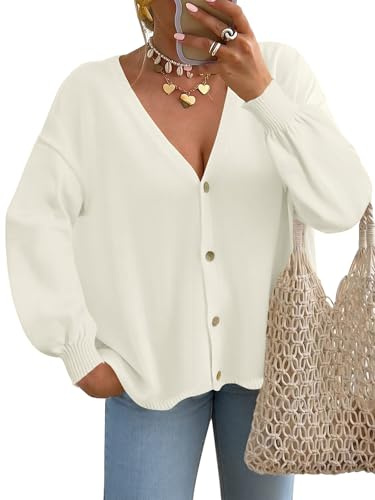 FireSwan Cardigan Sweater for Women Long Lantern Sleeve Oversized Knit Outfits Lightweight Trendy Spring Tops 2026 White S