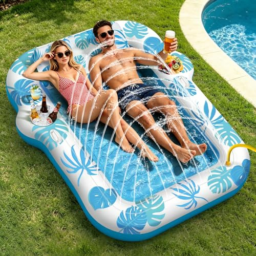 JONRRYIN Materassino Gonfiabile Mare Adulti 2 Persone, Tanning Pool 225×190 cm, Materassino Piscina con Funzione Spruzzo e 2 Portabicchieri, Poltrona Gonfiabile Piscina Relax per Mare (Blu)