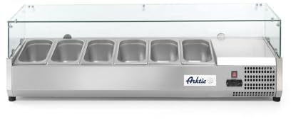 HENDI Aufsatzkühlvitrine, 4 höhenverstellbaren Füßen, Temperatur von -2 bis 8°C, Digitales Bedienfeld, elektronisches Thermostat, 6x GN 1/3, 230V, 180W, 1405x395x(H)430mm, Edelstahl