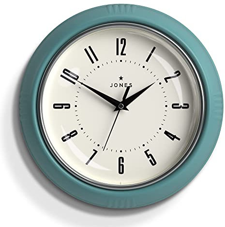 JONES CLOCKS® Ketchup wanduhr | Runde Retro Diner Uhr | 25cm | Blaugrün | Ideal für küche, Wohnzimmer, büro oder Schlafzimmer | Leicht ablesbare Zahlen