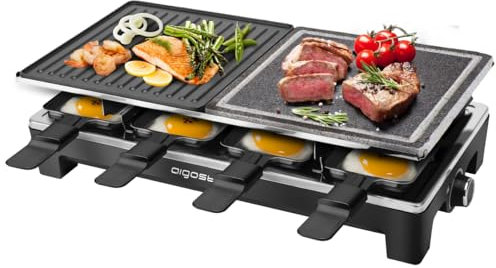 Aigostar Raclette Grill, 1500 vatios Parrilla Eléctrica, Piedra Natural y Placa de Parrilla, raclette para 8 personas con placa de parrilla grill y 8 sartenes, Parrilla Eléctrica para Asar y Gratinar