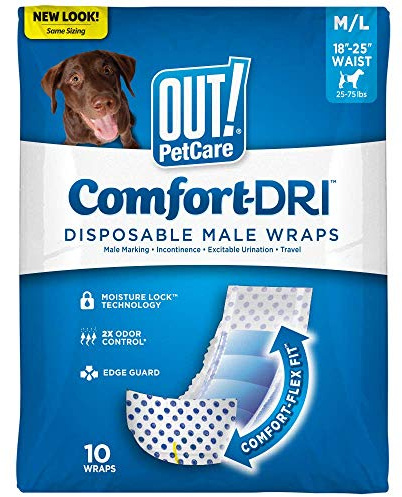 OUT! Pañales Desechables para Perros Machos, Absorbentes con Ajuste a Prueba de Fugas M/L - Paquete de 10