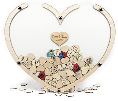 Laserano - Holzherz Gästebuch personalisiert 50x42x1,5cm | inkl. 100 Herzen zum Beschriften | Hochzeitsgästebuch mit Acrylglas | Der ausgefallene Hingucker Made in Germany!
