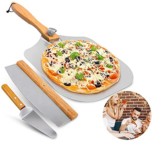 Aluminium Pizza Peel 12x14 inch with Foldable Handle, 3 in 1 Pizza Oven Accessories Set: Pizza Cutter, Pizza Server & Pizza Paddle, UK Brand