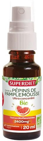 SUPERDIET- EXTRAIT DE PÉPINS DE PAMPLEMOUSSE BIO- Titré en flavonoïdes à 2400mg - Vitalité - Sans alcool - Spray de 20ml