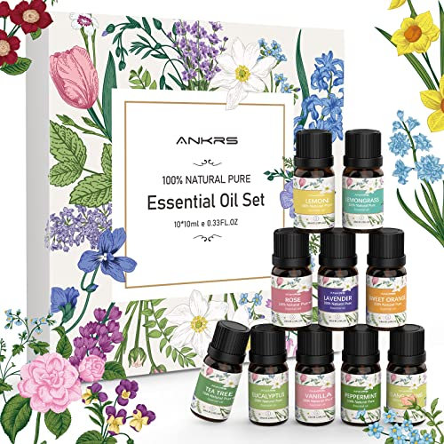 Set de Aceites Esenciales 10x10ml 100% Natural Puro Aceite Aromático para Difusor Aromaterapia -Aceite de Árbol del Té,Eucalipto,Menta,Limón,Naranja,Hierba de Limón,Lavanda,Rosa,Ylang-Ylang,Vainilla