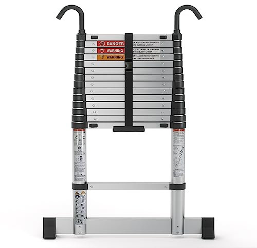 Nestling Escalera Telescópica 4,9m, Cierre Suave, Regulable en Varios Tamaños, con Ganchos, Fácil de Usar y Transportar, Capacidad de Carga 150kg