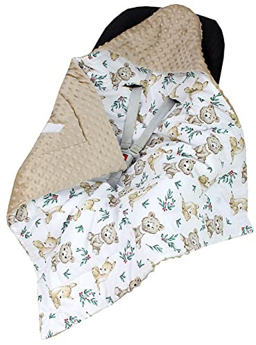 TupTam Baby Winter Einschlagdecke Babydecke 75x75cm für Autositz Babyschale Wattiert Minky Baumwolle Universal, Farbe: Rehlein/Bären/Beige/Hellbraun, Größe: Einheitsgröße
