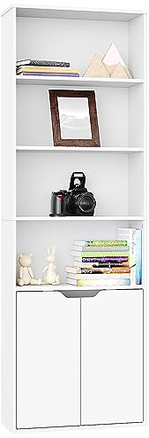 Panana 6 Tier Wooden Bookshelf with 2 Doors, Tall Bookcase, Storage Cupboard, and Display Unit for Organizing Books Stylish & Practical Free Standing Cube Shelves (White)