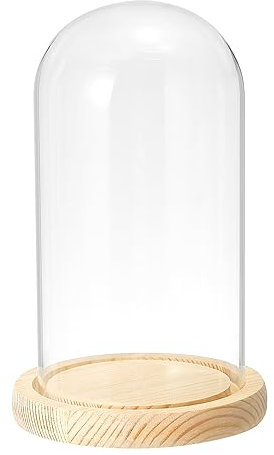 PATIKIL 7.5x3.9 Transparente Campana Cristal Cúpula, Vidrio Campana Tarro Expositor Estuche Mesa Centro con Madera Base para LED Luz Plantas Hogar Decoración