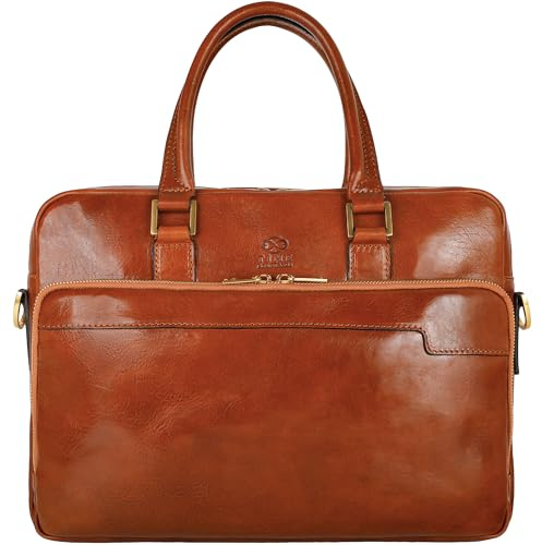 Time Resistance Aktentasche Leder Laptoptasche mit Schultergurt - Handgefertigt in Italien - Arbeitstasche - Businesstasche - Umhängetasche - Cognac Braun