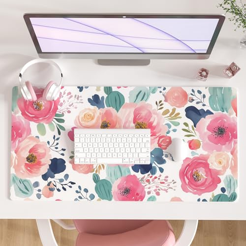 Colorful Star Large Mouse Pad, Pink Floral Desk Mat for Desktop, Women Girls Flowers PU Leather Waterproof Desk Pad, Computer PC Laptop Protector Gaming Mouse Pads for School Office Home 31.5 x 15.7