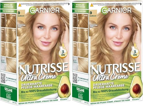 Garnier Nutrisse Dauerhafte Pflege-Haarfarbe mit nährenden Fruchtölen, Coloration mit 8 Wochen Halt, Ultra Crème Tönung, 090 Light Blond (Packung mit 2)