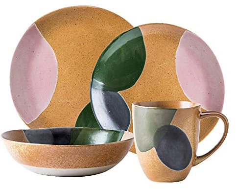 Juego de vajilla fina, juegos de vajilla de cerámica vintage, juegos de vajilla de porcelana con fondo amarillo y acabado de acuarela verde, juego de platos y tazones, combinación de servicio de