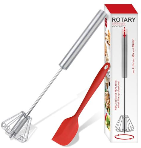 MARUKO Fouet à Main, Fouet à Oeufs Semi-Automatique en Acier Inoxydable, Fouet Manuel, Agitateur Rotatif pour Fouetter, Battre, Remuer (30cm)
