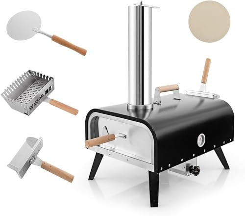 KOMFOTTEU Horno de Pizza para Exterior, Horno de Leña y Carbón Portátil con Piedra para Pizza, Termómetro y Funda de Tela Oxford, Acero Inoxidable, para Camping, Barbacoa