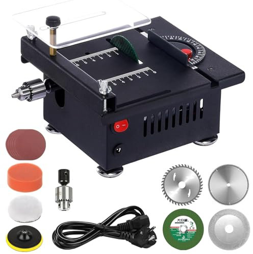 Minisierra Circular de Mesa de 400 W con 4 Cuchillas, Pequeñas Sierras de Mesa de Precisión, Sierras Circulares de Mesa en Miniatura, Ángulo Ajustable de 0 a 90°, Hoja de Sierra de 0,1 a 30 mm