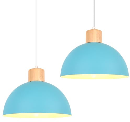 iDEGU 2 Stück Hängelampen Retro E27 LED Hängeleuchte Moderne Skandinavisch Deckenleuchte aus Metall Holz Pendelleuchte für Schlafzimmer Esszimmer Küche Restaurant (25cm, Blau, 2 Lampen)