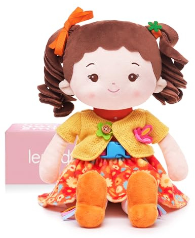 LeyaDoll Educational Soft Baby Doll(16''), Learning Sensory Doll for Toddlers, Montessori Toys for 2-Year-Old Girls Christmas, Birthday Gifts, Plush Doll with Zipper, Shoelace, Button-Busy Flora Girl