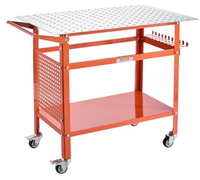 VEVOR Mesa de Soldadura con Capacidad Peso Estático de 362,8 kg, Banco de Trabajo de Acero Móvil con 4 Ruedas(2 con Freno), Tablero de Almacenamiento de Doble Capa y Orificios, 1016 x 609,6 x 914,4 mm