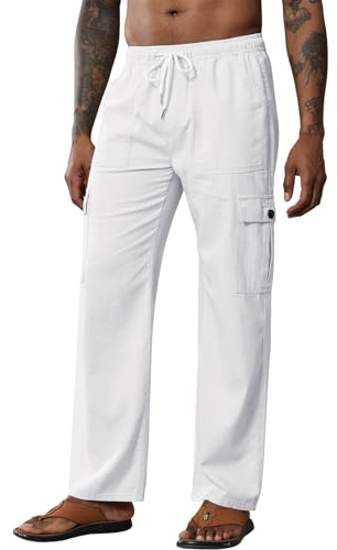 Pantalon en Lin Homme Fluide Uni Habillé Blanc D'été Rouge Été Jogging Grande Taille Cargo Leger Pantalons De Sport Pantacourt Large Toile Africain V Ment Chic Kaki Chino #