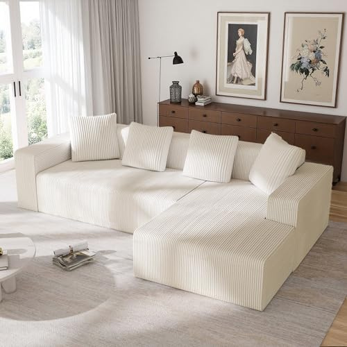 Zubaliya Canapé d'angle Moderne en Forme de L,Canapé entièrement compressé,sans Structure en Bois,canapé 3 Places pour Salon et Chambre,Velours côtelé (Blanc)