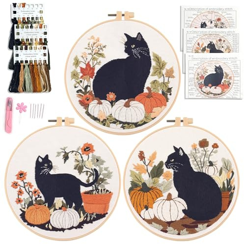 Myfelicity Embroidery kit,Autumn Black Cat Embroidery Art Set, Fall Pumpkin and Floral Design, 3 Pieces，3hoop