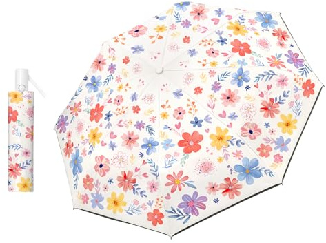 Decalsweet Kids Travel Folding Umbrella,Strong Windproof Automatic Compact Umbrella with Reflective Strips,UV Protection Sun Umbrella for Girls-Flowers