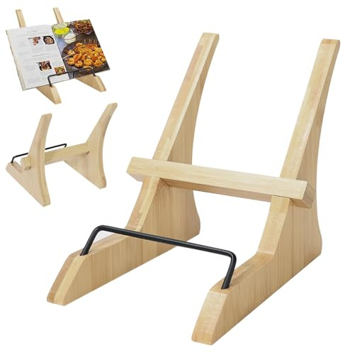 Elyyapt Cookbook Stand for Kitchen Counter, Recipe Book Stand Wooden Cookbook Holder for Display Stands, Bamboo Cook Book Stands for Reading Hands Free, Portable Recipe Books Display