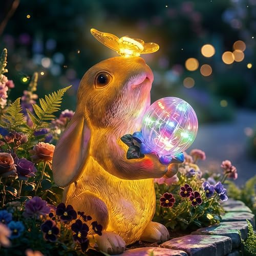 VGYVGYCC Solar Bunny Garden Statue Outdoor Decor, Glowing Rabbit Figurine with Warm Light Body, Color-Changing Butterfly and Multicolor LED Orb, for Mom Grandma Women Patio Lawn Yard