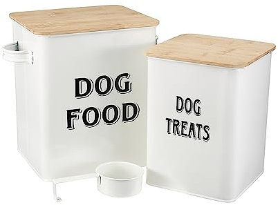 Pet Food and Treats Containers Set with Scoop for Cats or Dogs - Beige Powder-Coated Carbon Steel - Tight Fitting Wood Lids - Storage Canister Tins - Dog Food