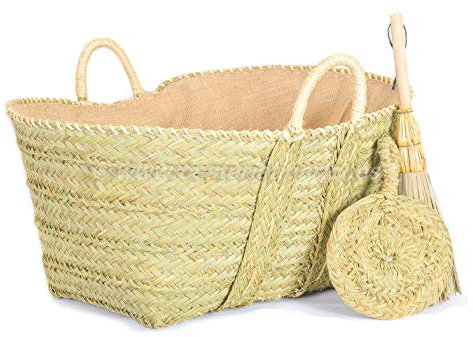Cestería Aparici - Leñero de esparto forrado de arpillera y yute con escobilla y aventador (65X48X36) Leñero esparto 7149-3 - Cesto para leña de chimenea - Almacenaje de leña