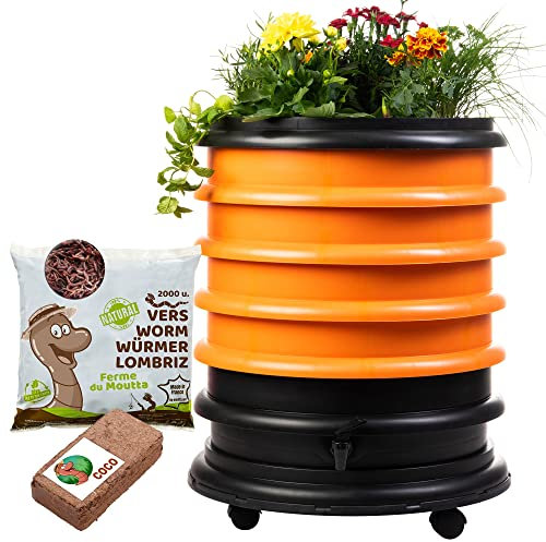 WORMbox | Lombricomposteur 4 Plateaux Orange + Jardinière + 1kg de vers de Compost + 1 Bloc Coco | 64 litres | Compostez Vos déchets organiques, lombrics/lombricompost