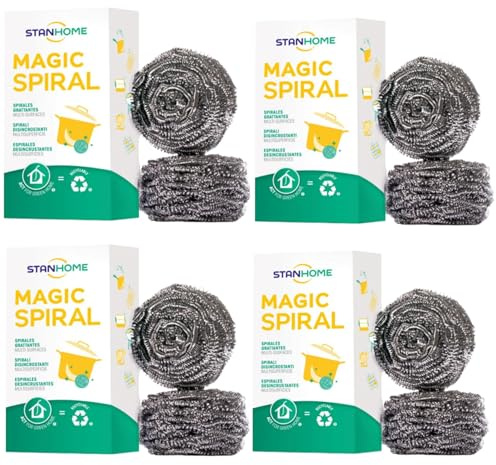 STANHOME Estropajo de Acero Inoxidable Magic Spiral, Nana Quita Grasa, Elimina Alimentos quemados y Manchas dificiles - Ideal para vajilla, cazuelas, ollas, sartenes, Parrillas y Fregadero (4)