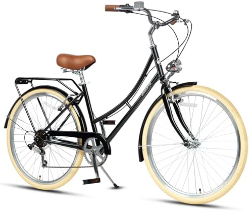 AVASTA 26 Inch Hybrid Bike, Lightweight Step-Through Hi-Ten Steel Frame for City Commuting, 6 Speed Comfort Bicycle with Light in Elegant Black with Stylish Beige Tires for Woman Female