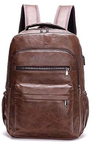 Pomurom Sac à Dos Ordinateur Portable, Sac à Dos Capacité Homme avec Port de Chargement USB, Sac à Livres, Sac d'école en Cuir PU, Sac Décontracté pour Travail, Voyages, Scolaire, Université, Loisir