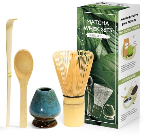4 Pièces Matcha kit ceremonie japonais, Fouet matcha naturel, Cuillère en bambou, pelle en bambou, Porte-Fouet, Coffret matcha pour la cérémonie du thé, la boisson - Bleu rêveux