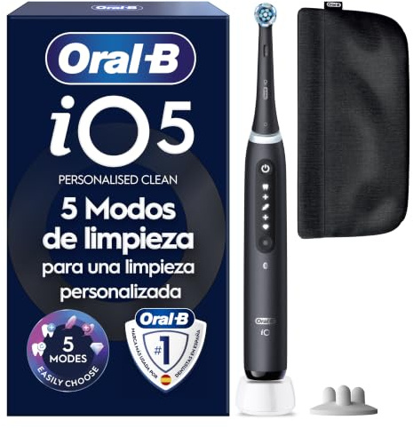 Oral-B iO 5 Cepillo de Dientes Eléctrico con 1 Cabezal, Negro - Cepillo Dental con 5 Modos de Cepillado, Sensor de Presión y Temporizador, /Funda Magnética y Soporte de Recambios