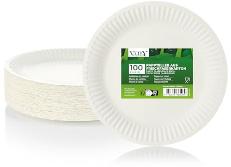 Vaily Pappteller rund 22,5 cm 100er Pack - Umweltfreundliche Einwegteller, Partyteller, Einweggeschirr für Grillfeste, Partys, Geburtstage und Picknick, Weiß