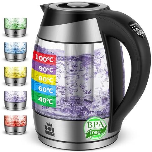 FOR ME Glas Elektrischer Wasserkocher mit Teesieb 1,8L, Temperatureinstellung, Temperaturwahl 40°C bis 100°C, 7 Farben LED-Beleuchtung, Warmhaltefunktion, BPA Frei