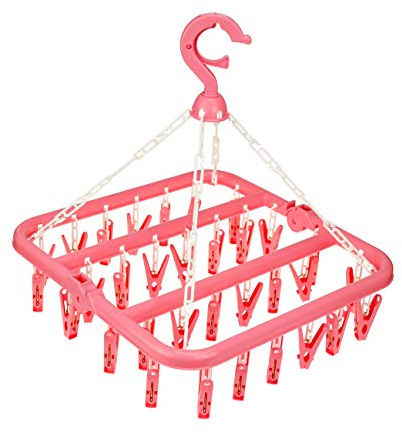 Laundry Hangers with 32 Clips,Clothespin Rack Foldable Laundry Drying Rack Drip Hanger for Drying Socks,Bras,Towel,Underwear,Hat,Scarf,Pants,Baby Clothes,Cloth Diapers,Gloves,Handkerchiefs (Pink)