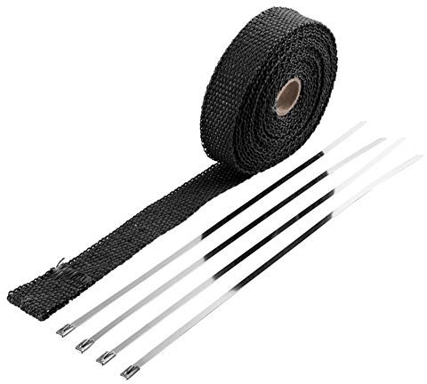 LICHENGTAI 5M Ruban de Protection Thermique pour Moto, Ruban Isolant Echappement Moto avec 4 Collier Serrage Autobloquant en INOX pour Tuyeau Collecteur Echappement Moto Bande Isolante Thermique