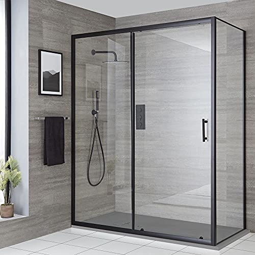 Milano Nero Black Corner Walk in Sliding Door Shower Enclosure Grey Tray - 1100mm x 700mm