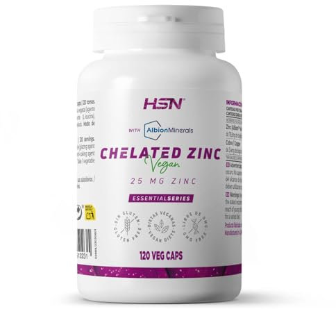 HSN Bisglicinato de Zinc Albion™ (25mg ZINC) | 120 Cápsulas Vegetales | Puro Bisglicinato de Zinc Quelado (25mg por cápsula) | 1mg Cobre | No-GMO, Vegano, Sin Gluten