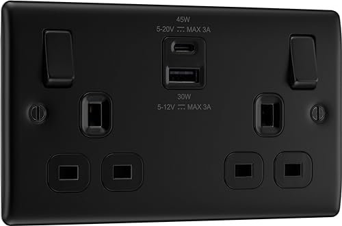 BG Electrical 45W Double Switched Power Wall Plug Socket with Super Fast Charge Type A & Type C USB Ports, Nexus Metal, Matt Black, 13A, NFB22UAC45B