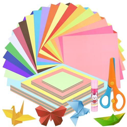 Swpeet 402 piezas 4 tamaños 4/6/8/10 pulgadas juego de papel de origami con barra de pegamento y tijeras, papel plegable cuadrado de color de doble cara para proyectos de manualidades escolares de