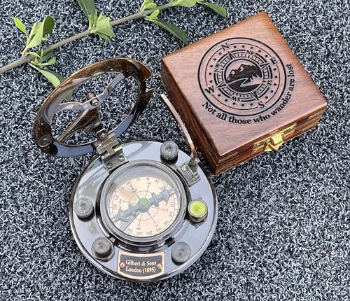Kompass mit Sonnenuhr aus Messing, personalisiertes Geschenk für Herren, schöne handgefertigte Sonnenuhr, gravierte Solaruhr für ihn, antike Dekoration (schwarz) WOANIN