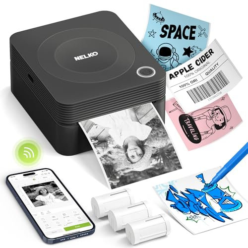 Nelko Aufkleber Drucker, PM230 Mini Drucker Bluetooth Portabel Sticker Maker mit 3 Rollen Papier, für DIY Erstellung, Studiennotizen, Bilder, Quittungen, Mehrere Vorlagen für Telefon （Schwarz）