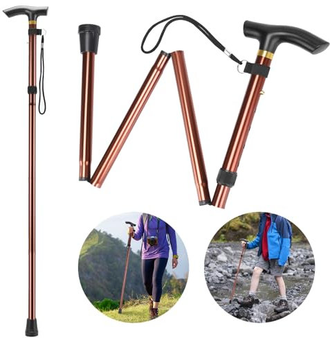 Thlevel Bastone Passeggio Pieghevole 5 Altezze Regolabili 83-93CM Bastoncini con Impugnatura a T e Cinturino Antiscivolo para Anziani, Escursionismo, Alpinismo