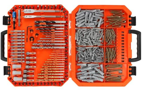 COMOWARE Bohrer-Set, 195-teiliges Bohrer-Set mit 205 Dübeln, Titan-Spiralbohrer, Schlagschrauber-Bits, Schraubendreher-Bits mit robustem Koffer für Metall, Beton, Mauerwerk, Holz